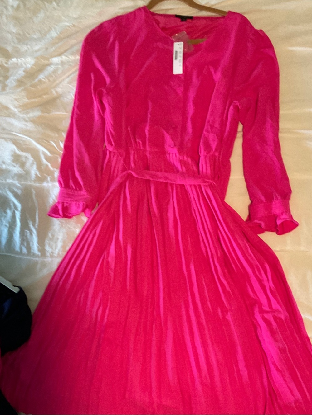 J. Crew Vibrant Fuchsia Long Sleeve Pleated Midi Dress